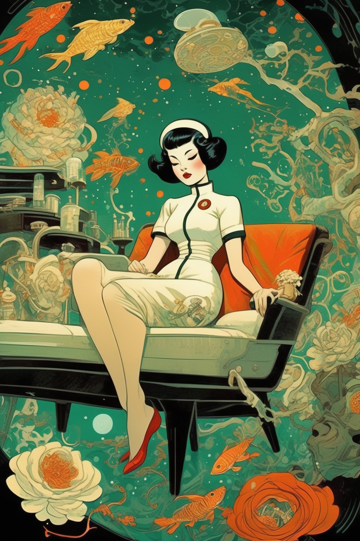 <lora:Victo Ngai Style:1>Victo Ngai Style - beautiful woman lounging, vivid colors, highly contrasting colors, emerald cit...